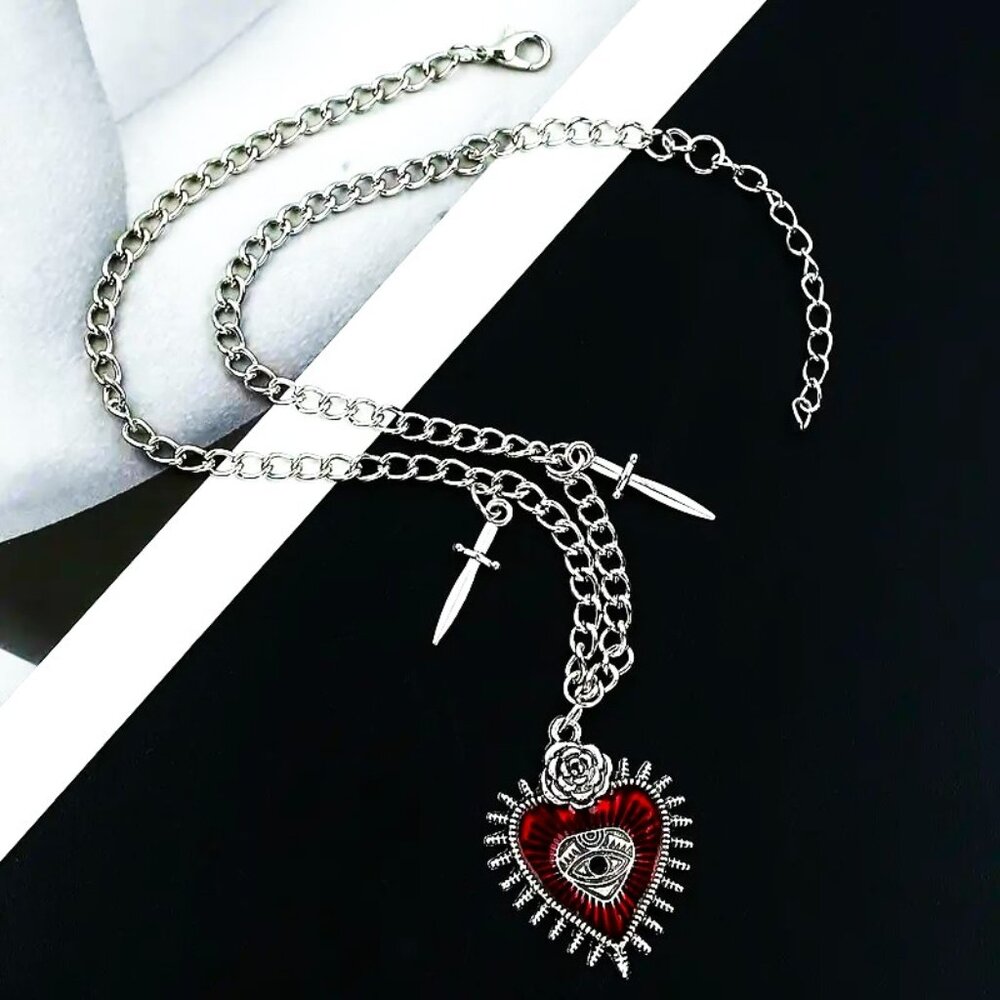 Necklace Heart Evil Eye Gypsy Rose Blood Swords Daggers Silver Chain Protect NEW